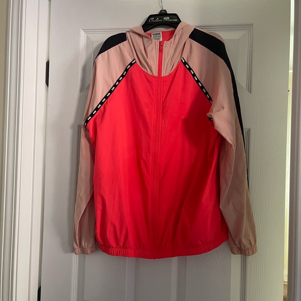 PINK Victoria's Secret Red, Pink & Black Colorblock Hooded Bomber Jacket